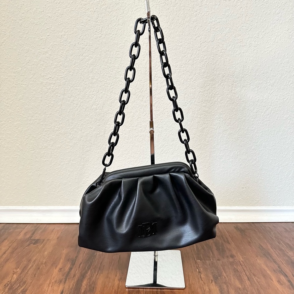 BADGLEY MISCHKA Black Vegan Leather Shoulder Bag Metal Chain Handle